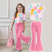 跨境批发女童喇叭裤套装，春夏秋季时尚女孩短袖长喇叭裤外出穿搭