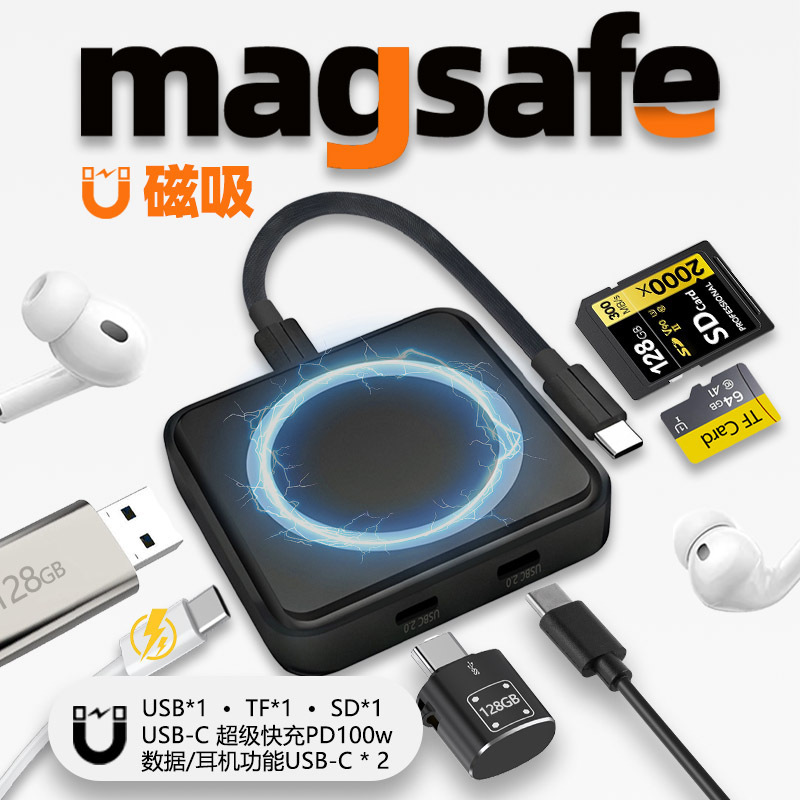 Magnetic Magsafe Docking Station USB-C Fast Charging 100W Card Reader Dual Slot TF/SD Multifunctional TC Adapter