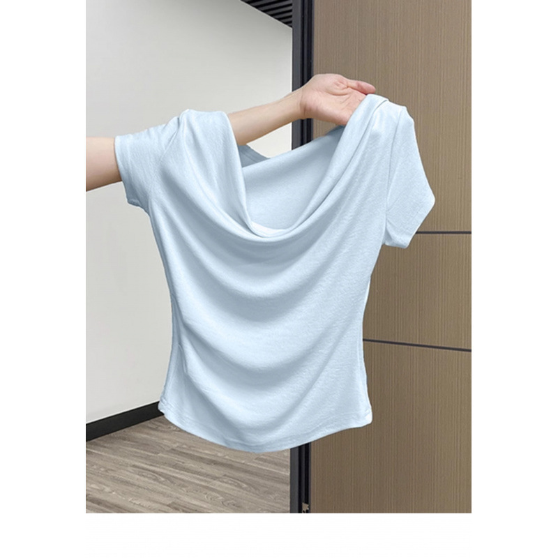 夏の女性用フレンチワンショルダー半袖Tシャツ、甘くてスパイシーなニッチデザイン、プリーツ、スリムフィット、美しいトップ|undefined