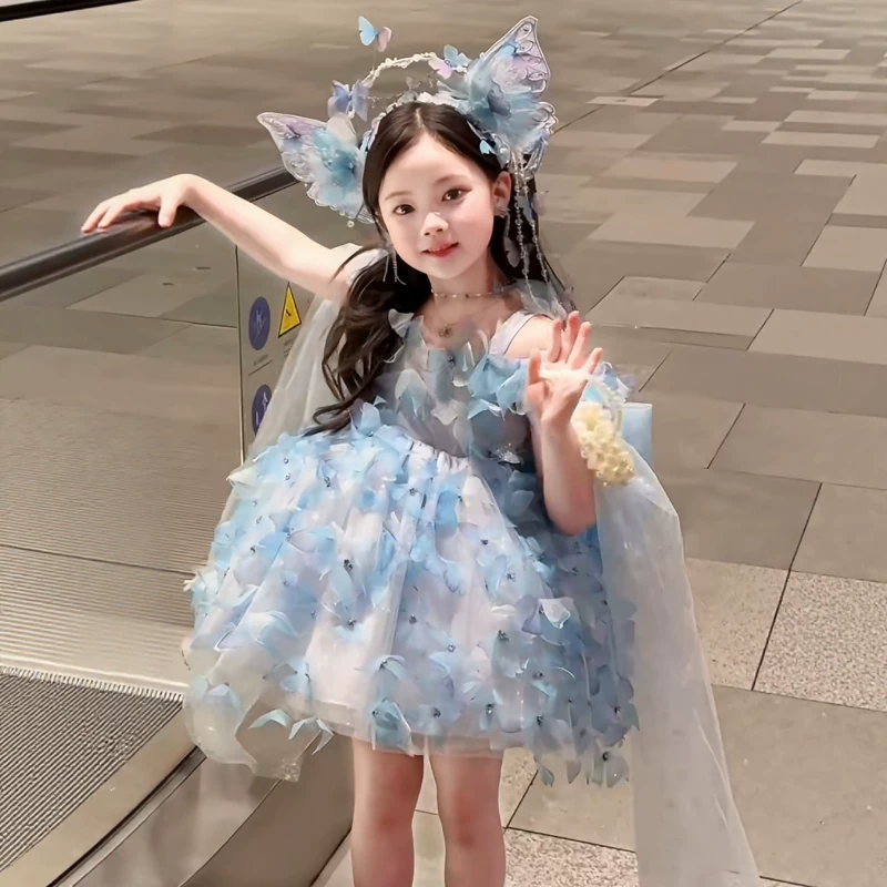 Mädchen blaues Schmetterlings-Geburtstags-Prinzessinnen-Tutu-Kleid, Kinder-Gastgeberinnen-Modisches Kinderkleid, Neu eingetroffen, Baby-Mädchen-Kleidung (0-3 Jahre)_voghion.com