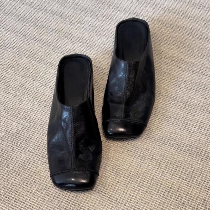 Sheepskin Version ~ Retro Baotou Half Slippers for Women to Wear Outside, New Style Inner Heightening Genuine Leather Sandals, French Retro Mule Shoes