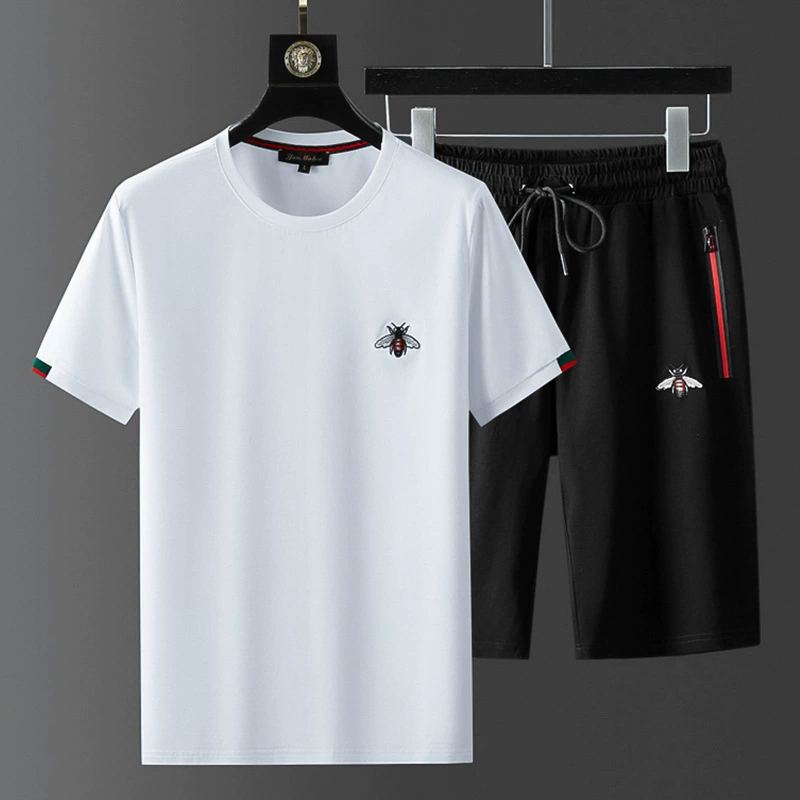 Лето 2024, новый европейский стиль, костюм из двух предметов с вышивкой пчелы, мужская футболка с короткими рукавами, свободные шорты, модный бренд, элегантный