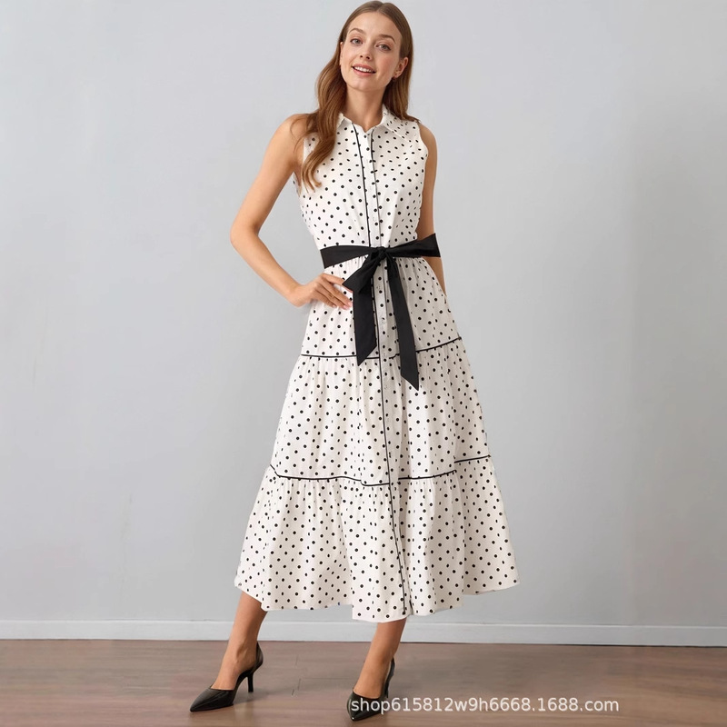 Elegant Cross-Border Women's Clothing Amazon Spring and Summer New Fashion Sleeveless Lapel Polka Dot Dress Seaside Vacation Dress