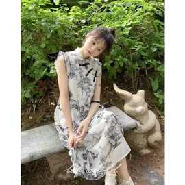 新中式改良旗袍文艺小清新少女夏季学院风山水画印花小飞袖轻国风