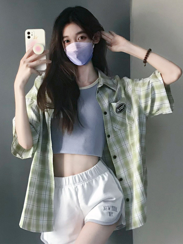 Green Plaid Short-Sleeved Shirt for Women Summer New Design Loose Mid-Length Polo Collar Shirt Jacket Top