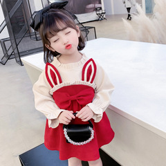 Girls' 2024 Spring and Autumn New Korean Style Color Block Fashion Bunny Ears Dress for Children Middle and Small Children Stylish Princess Dress
