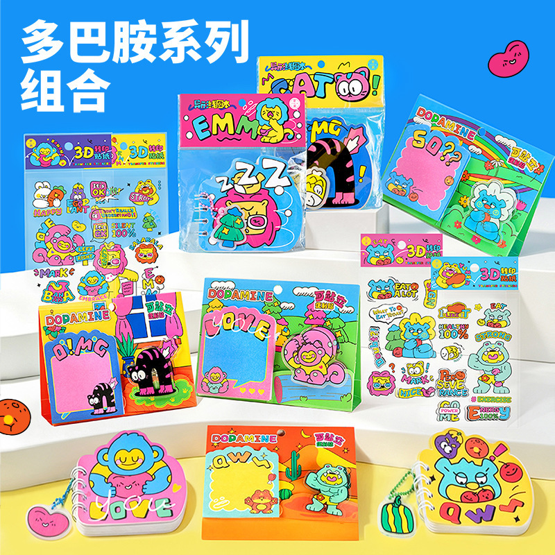 Dopamine-inspired, cute A7-shaped cartoon spiral notebook, mini and portable, with a stand and convenient sticky notes and transfer stickers
