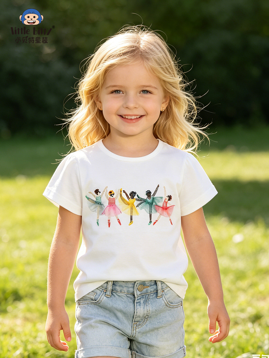 Cross-Border Children's Clothing 26Th Spring/Summer Girls' Short-Sleeve T-Shirt Cartoon Mesh Ballet Round-Neck Printed Base Shirt Top