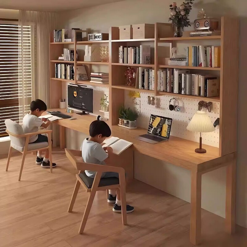 All-Solid Wood Double Desk with Bookshelf, Integrated Bookcase, Bedroom Computer Desk, Children's Study Writing Desk, Long Workbench