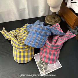 韩国ins博主格纹绑带三角巾鸭舌帽女春夏休闲户外登山露营防晒帽