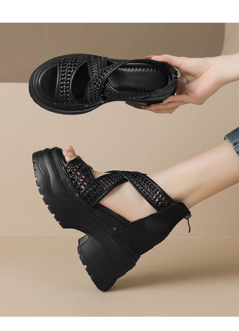 Sandal cao gót La Mã dệt quai ngang đế nêm hở mũi gót 12 cm — Màu vàng trắng, Màu đen, Màu trắng bạc chi tiết 12