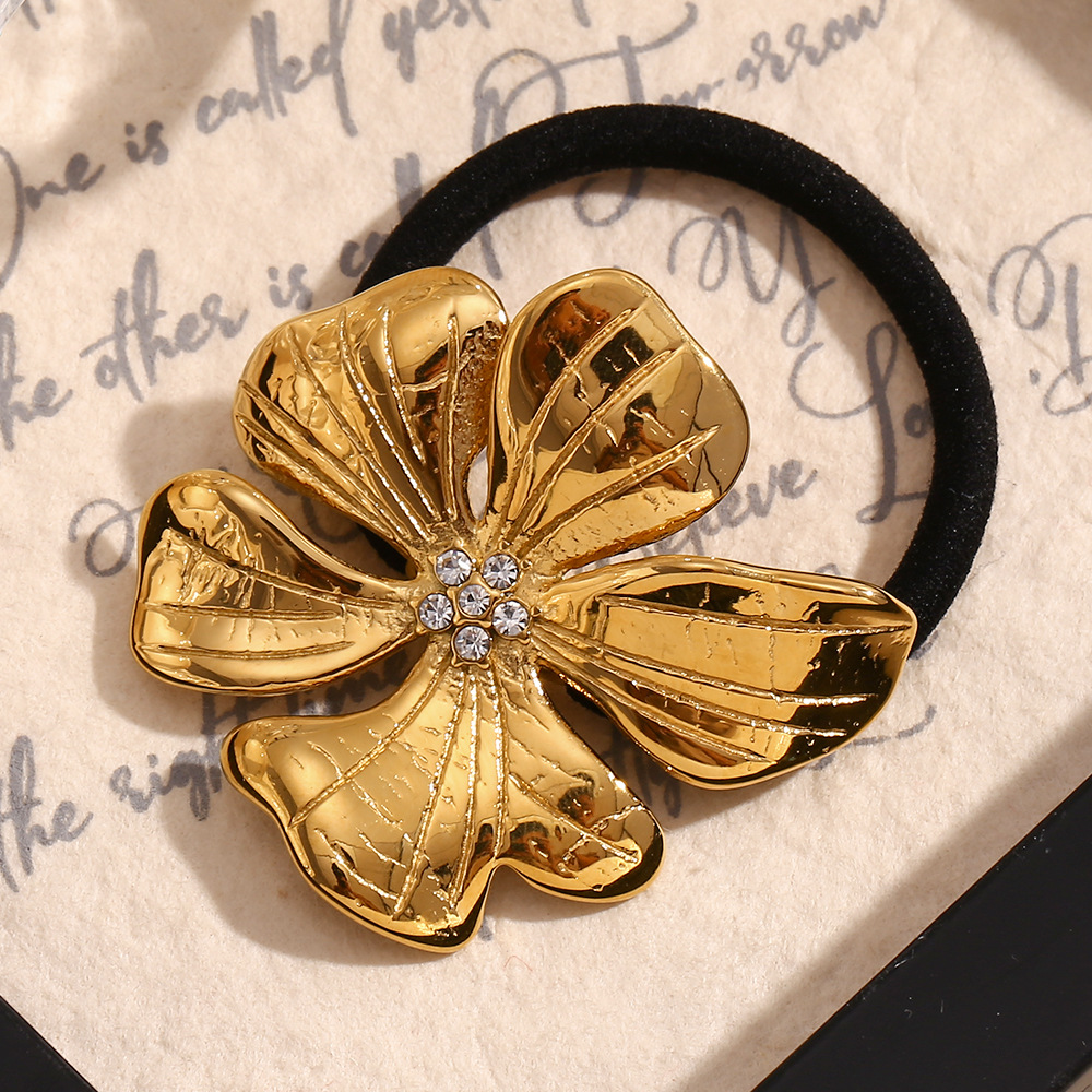 Unisex Mode temperament nische retro persönlichkeit haar zubehör edelstahl vergoldet blumen mit diamant haar seil weibliche_voghion.com