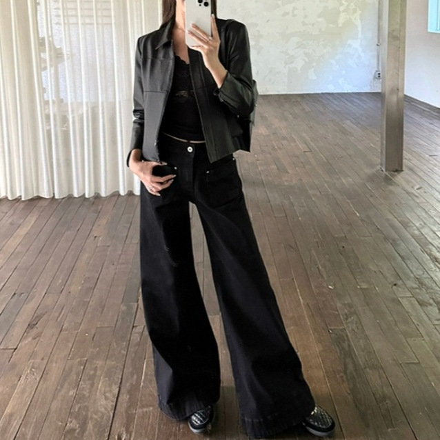 4PRI1 黑色口袋喇叭牛仔裤女秋季显高显瘦宽松休闲百搭阔腿裤长裤|undefined