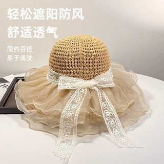 夏天蝴蝶结遮阳帽女海边沙滩度假防晒帽子户外大檐太阳帽甜美草帽