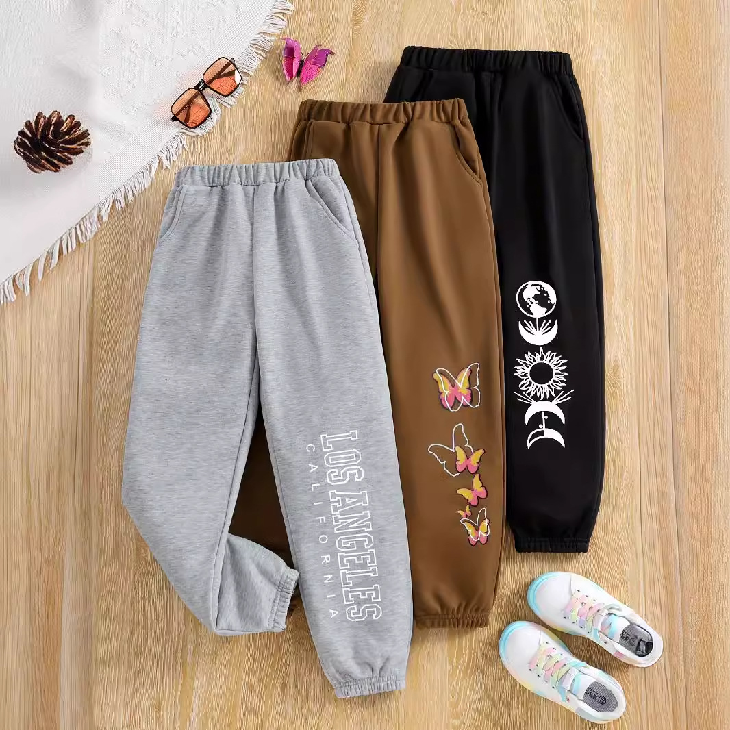 女孩绒慢跑套装蝴蝶字母太阳带口袋松紧腰身运动和休闲装dingzhi