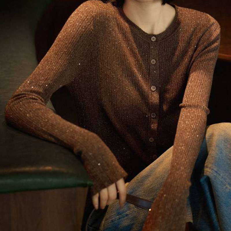 Autumn New Style Shiny Sequin Irregular Texture Wool Blend Round Neck Knitted Long Sleeves