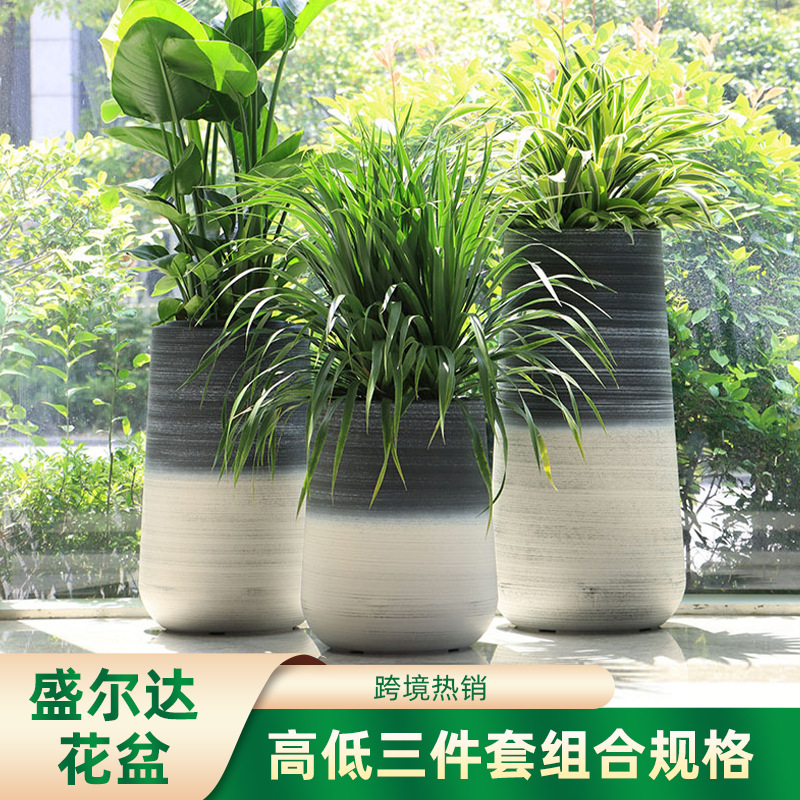 Macetas grandes de piso a techo exclusivamente transfronterizas, gradación de plástico, decoración de villa creativa nórdica, sala de estar, hogar, plantas verdes, macetas de alta profundidad