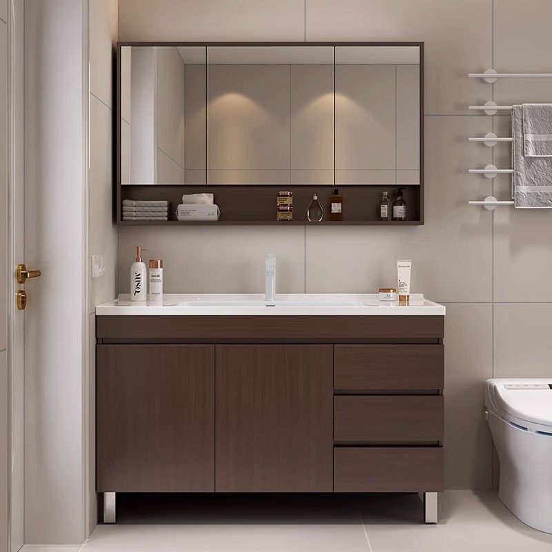 Chinese-Style Bathroom Cabinet with Integrated Ceramic Washbasin, Washstand, and Solid Wood Floor-Standing Bathroom Set