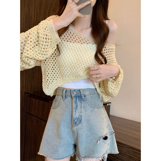 Short Hollow Blouse Top Women's Spring and Summer 2025 New High-end Design Sense Small Long-sleeved Shirt Knitted Shirt