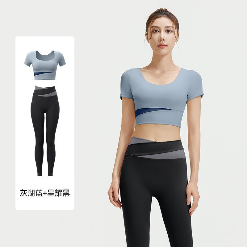 Ju Yi Tang color combinación de manga corta ropa de yoga para mujeres primavera y verano corta chaqueta de cintura alta ropa de ejercicio de correr