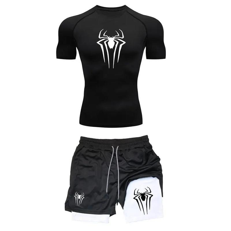 男子のトレーニング圧縮集Y2Kスパイダープリントジムtシャツ通気ランニングパンツ速乾運動皮|undefined