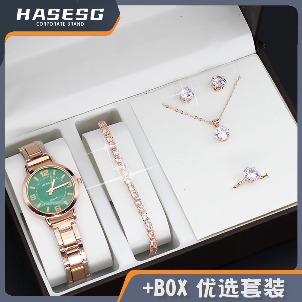 2024 New quartz watch women's steel band digital dial foreign trade Women's Watch suit five-piece set wristwatch