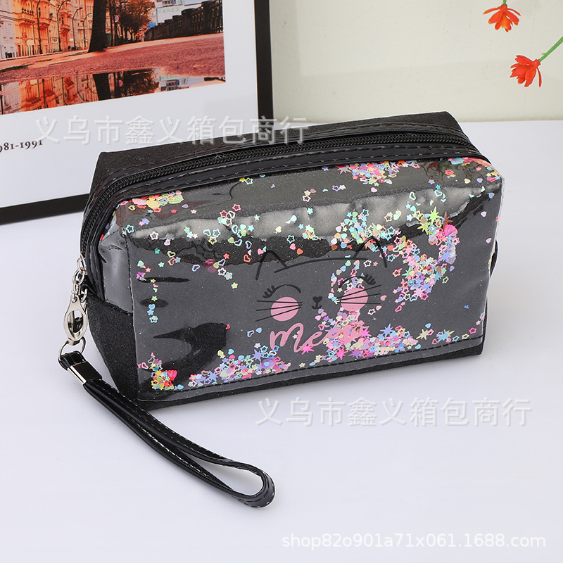 Bolsa de cosméticos con letras de lentejuelas estilo k, bolsa de almacenamiento de viaje para artículos de tocador y cosméticos de dibujos animados