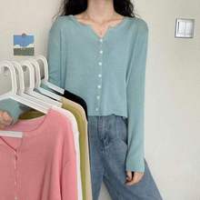 针织上衣女2025年新款秋季韩版纯色短款长袖外搭开衫女薄款小外套