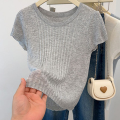 韓国風ピットストライプラウンドネック軽量ボトムニット半袖レディース夏デザインシックな痩身Tシャツトップ