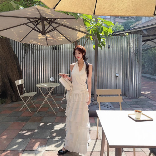 ~White Necktie Dress Set for Women Spring French Cake Dress Long Skirt Korean Version 2025