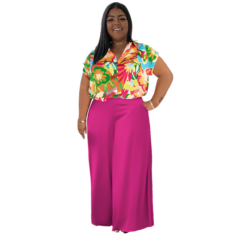 Daily Elegant Flower Spandex Polyester Printing Pants Sets Plus Size Two-piece Sets display picture 7