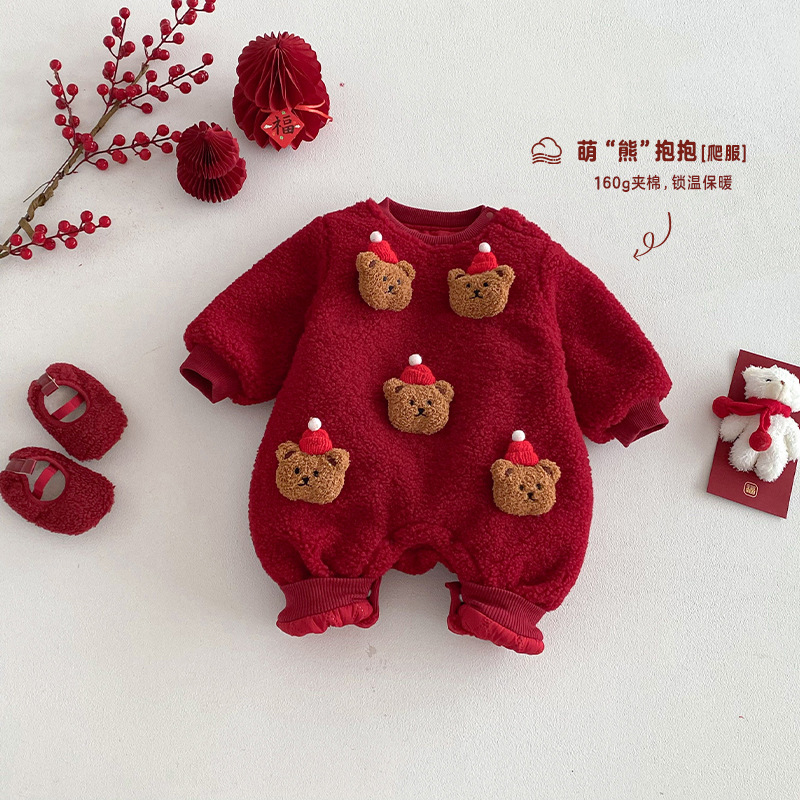 Baby Red New Year Outfit, Little Left and Little Right, Winter Baby Christmas Bear Padded Jumpsuit, Newborn Clothes Trendy