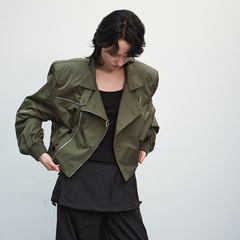 十三行R13翻领双拉链设计感短款工装夹克外套25AW