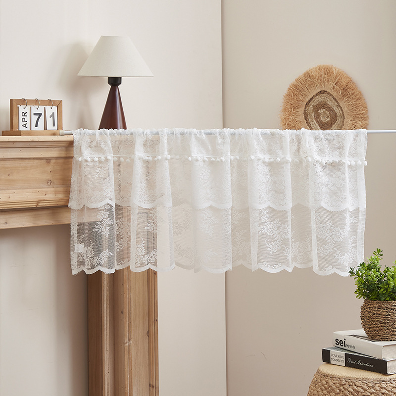 American Style Nordic White Lace Kitchen Partition Curtain with Hair Ball Coffee Curtain Door Curtain Bay Window Short Curtain Cabinet Decorative Curtain