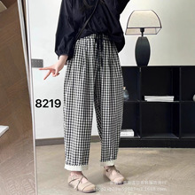 8219日风复古系带格子长裤女2023初秋新款宽松显瘦翻边哈伦休闲裤