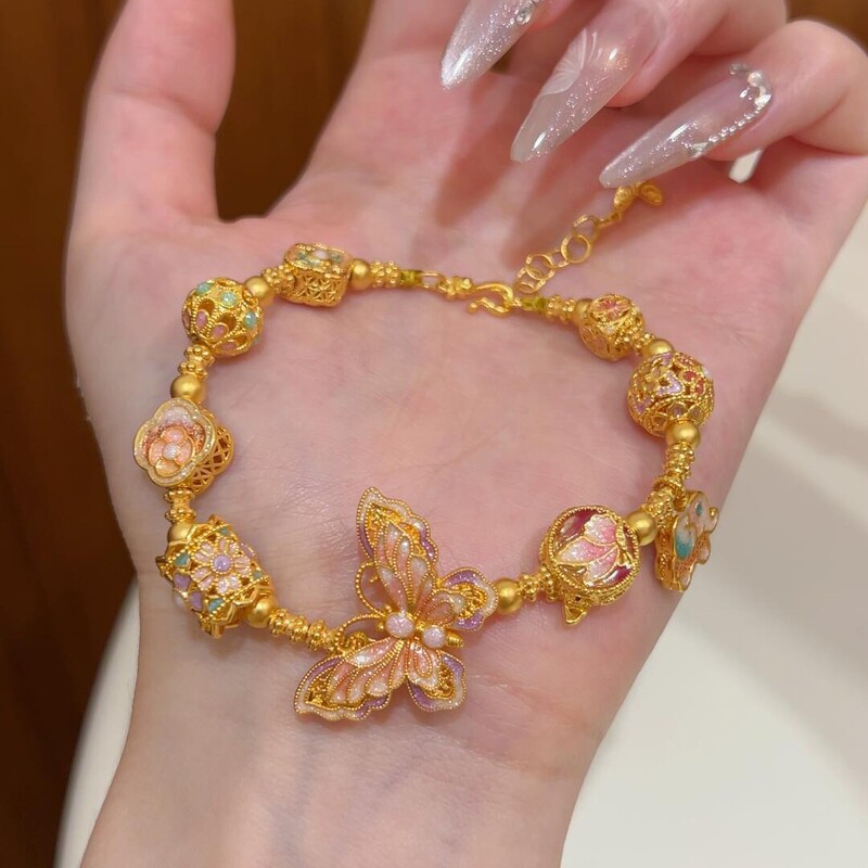New Chinese Style Retro Pink Butterfly Enamel Bracelet, Elegant, Fashionable, Exquisite, Light Luxury, National Style Versatile Bracelet New Chinese Style Retro Pink Butterfly Enamel Bracelet, Elegant, Fashionable, Exquisite, Light Luxury, National Style Versatile Bracelet