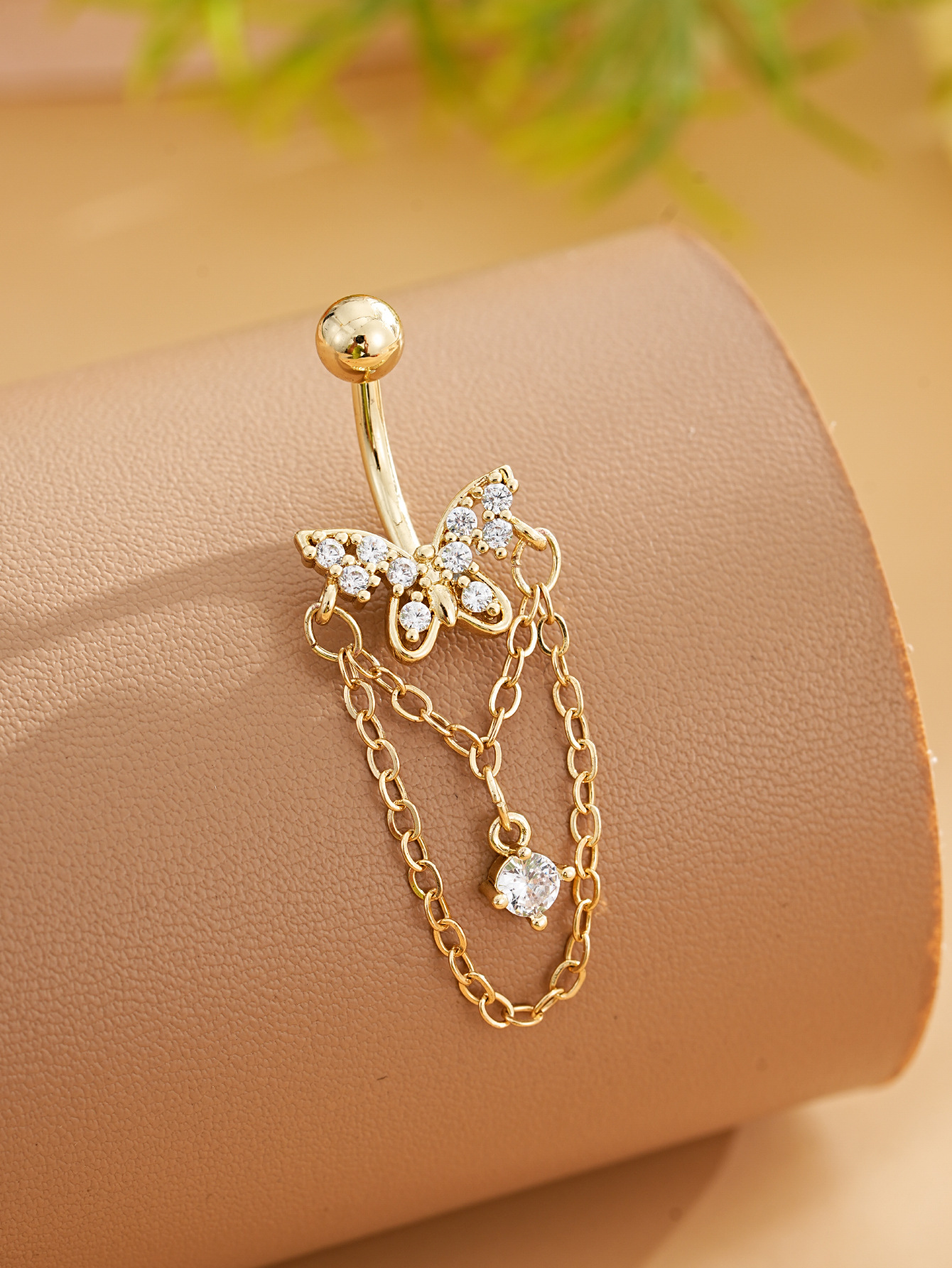 Heart-shaped Zirconia Belly Button Ring With Stainless Steel Chain_voghion.com