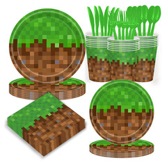 Minecraft 子供のパーティーのテーマ食器セットピクセルバトルゲーム装飾使い捨て紙皿ティッシュ