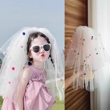 多巴胺女童公主头纱小女孩宝宝彩色球球生日照道具蓬蓬白色短头饰