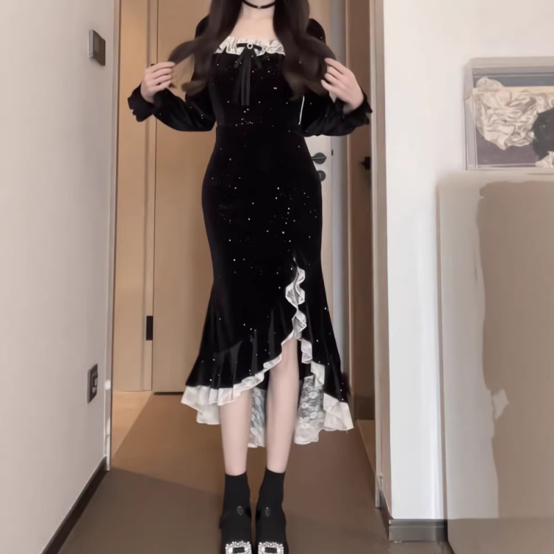 Pre-Sale Mermaid Mid-Length Dress for Women, Autumn and Winter, Slimming, Shiny, Slit Hem, Irregular Fishtail, Slim Fit, Velvet Dress