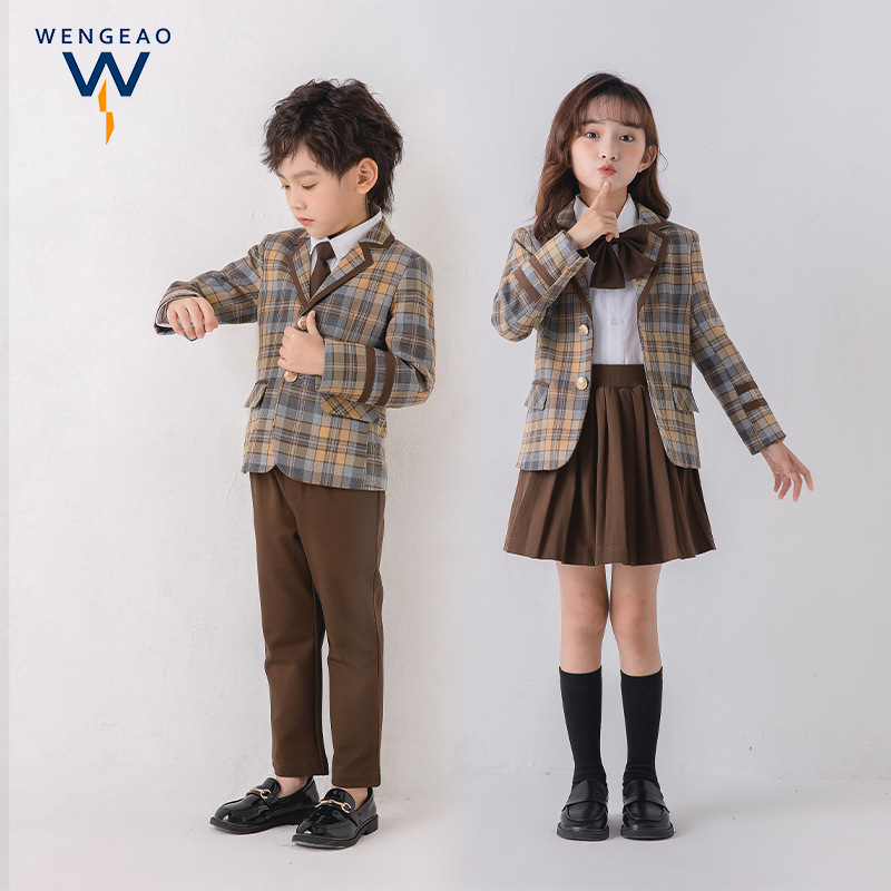 초등학교 학생을위한 봄과 가을 수업 옷 영국 아카데미 스타일 학교 유니폼 유치원 정원 옷 어린이 격자 무늬 세트 치마 세트