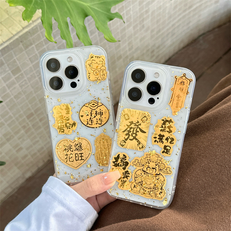 El epoxi transparente estilo ins Lucky Jinbao es adecuado para Apple 16proma festivo iPhone14/15 funda para teléfono móvil 13p