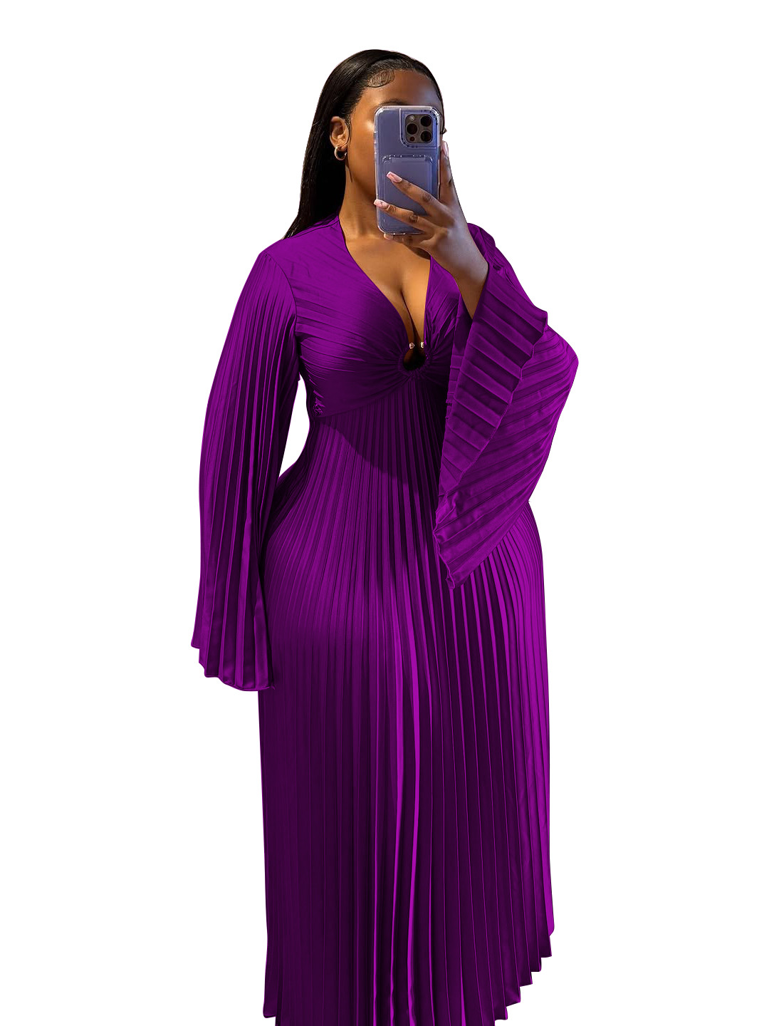 Women's Clothing Elegant Slim Fit Women's Dress V Neck Pleated Long Sleeve Solid Color Casual Spring/Autumn Dress_ecoleips.com