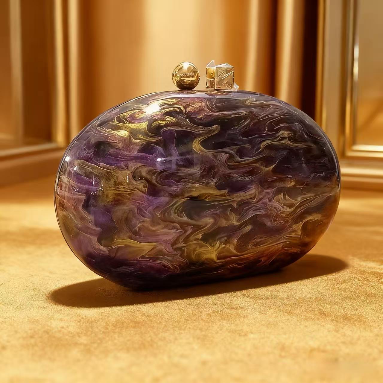 Bolsa de cena de lujo ligera transfronteriza, café de perla de almendro, bolsa de mano acrílica ovalada, bolsa de noche de hombro para damas