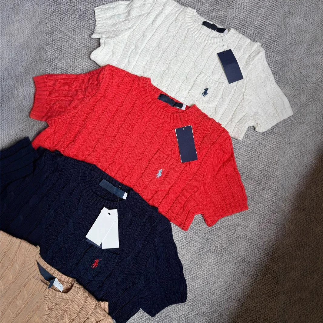 Высокое качество PL пони логотип классический с круглым вырезом карманы с короткими рукавами трикотажный свитер с тонкими рукавами для девочек