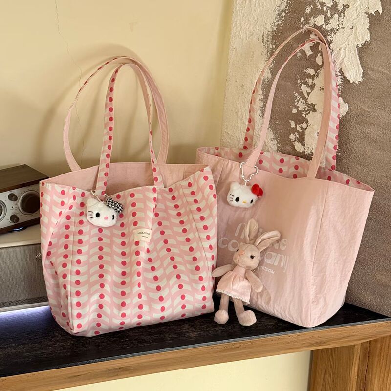 Korean-style polka dot canvas tote bag, large-capacity commuter handbag for girls, student shoulder bag for class, shopping cloth bag Korean-style polka dot canvas tote bag, large-capacity commuter handbag for girls, student shoulder bag for class, shopping cloth bag