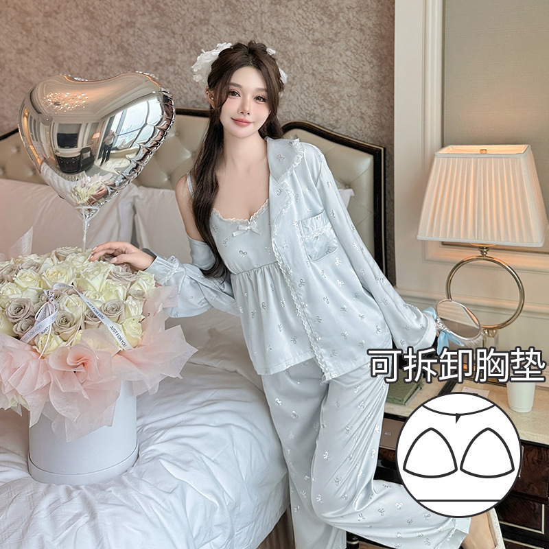 WENS Spring and Autumn Style Women's Three-Piece Sling Set Gentle Touch Soft Upgraded Long Sleeve Thin Pajamas Home Clothes