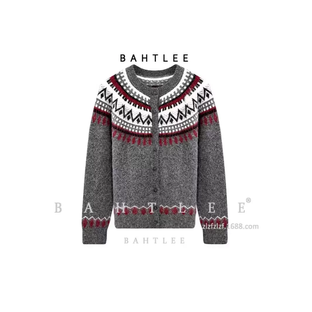 新年红新色秋冬费尔岛毛衣温柔针织衫超柔超细羊驼毛开衫灰色提花