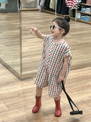 嬰幼童連體衣男女童寶寶夏裝吸汗透氣泡泡格子寬鬆闊腿連體短褲