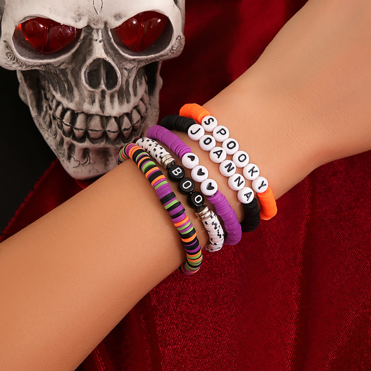 Bracelet de citrouille en perles d'Halloween, ensemble de bijoux de vacances en poterie souple, bracelet en dopamine élastique_voghion.com